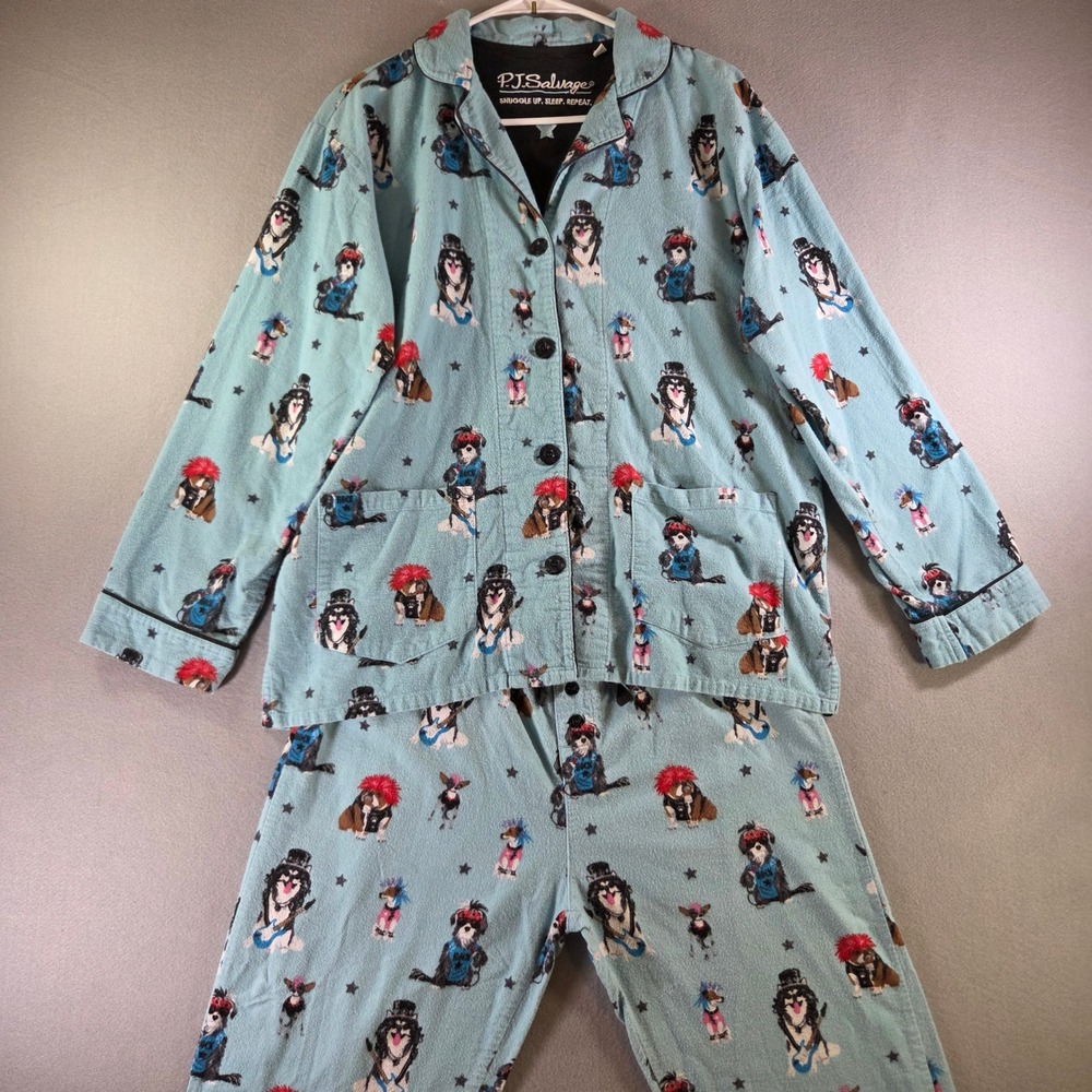 PJ Salvage Rockstar Dogs Pajama Set Blue Long Sleeve Button Up Pants Womens S